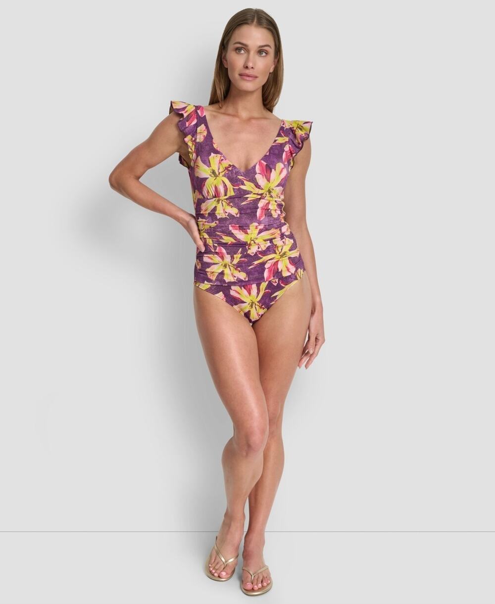 DKNY Women's Ruffled Underwire One-Piece Swimsuit Multi Size M 4027